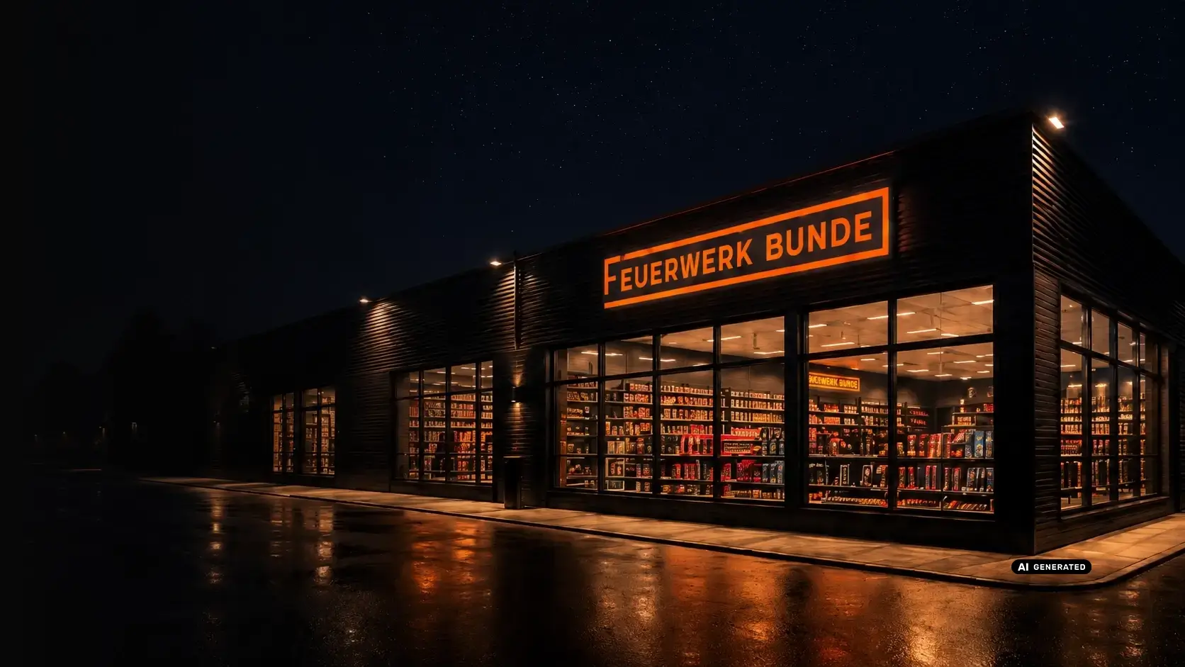 Stimmungsvolle KI-generierte Darstellung eines Feuerwerk-Bunde-Geschäfts bei Nacht